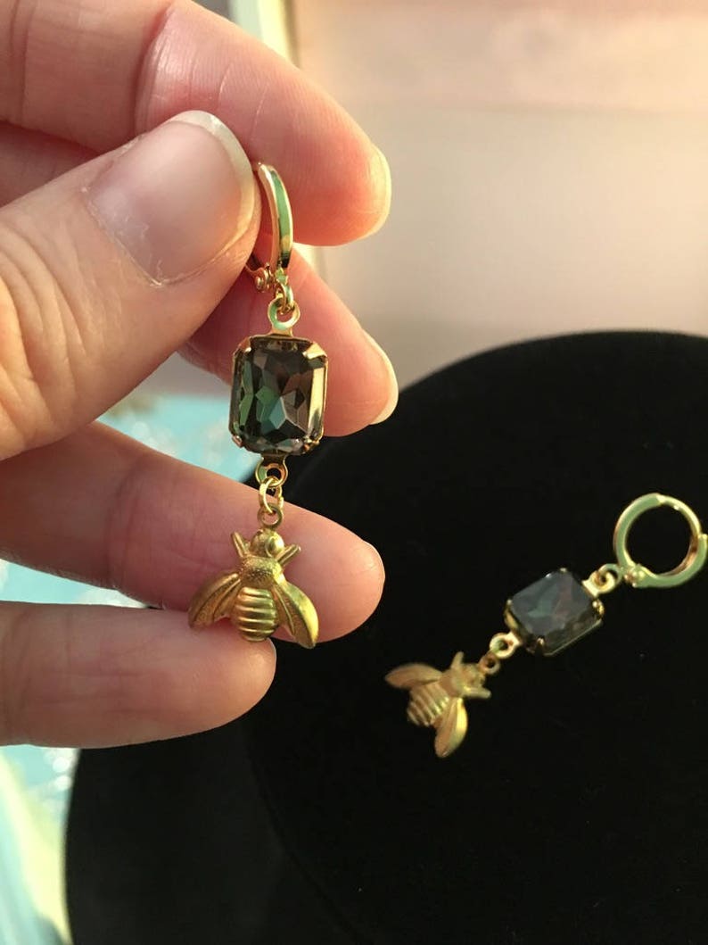 As Seen In Emma BEE Mourning Earrings by Lady Detalle, Vintage black glass, Reproduction historic Jane Austen Regency, gold bee earrings image 4
