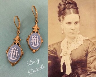 Victorian THREE GRACES Earrings, 16k gold plated lever backs, late 19th reproduction Victorian Blue and White Cameo Three Muses earrings