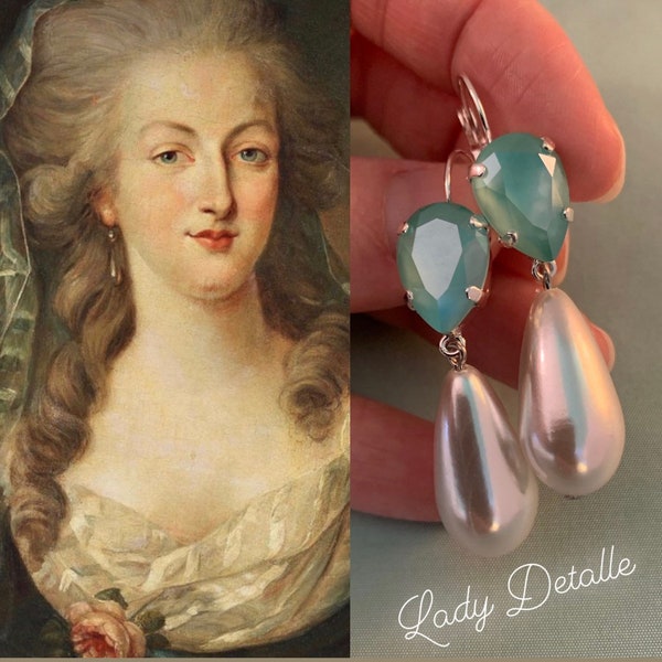 Boucles d'oreilles Marie-Antoinette en argent et en cristal vert menthe, pierres de cristal Aqua haut de gamme, boucles d'oreilles de reproduction royale géorgiennes plaquées argent