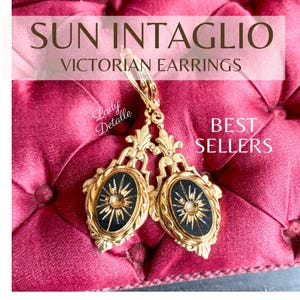 Victorian SUN Intaglio Earrings, Gold and Black Intaglio, 16k gold plated lever backs, late 19th reproduction gold black Sunburst earrings