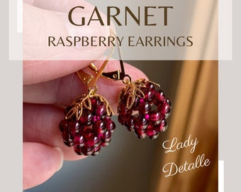 Garnet RASPBERRY Earrings by Lady Detalle, Reproduction Victorian handmade real Garnet BERRY gold or silver summer earrings, Original design