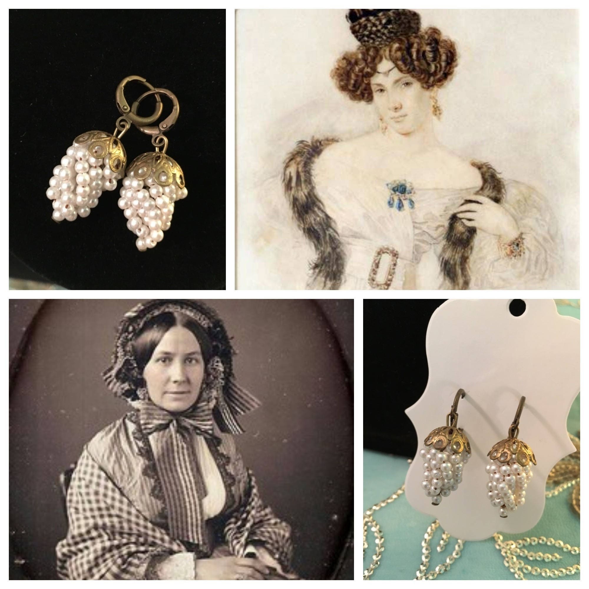 Seed Pearl Grape Earrings, Pair of Reproduction 19th Century