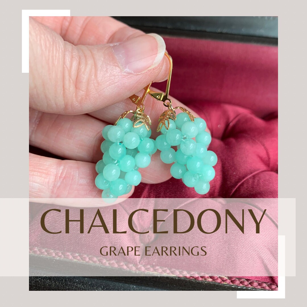 MINT Green Chalcedony Grape Earrings, VICTORIAN Reproduction 19th