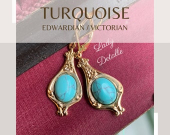 Tiny real TURQUOISE Edwardian Earrings, Historic Reproduction Edwardian 16k gold or Silver plated lever backs real TURQUOISE stone earrings