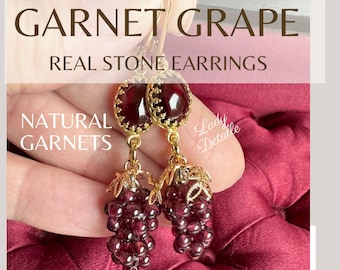 Real GARNET GRAPE Earrings, historic repro 19th century Victorian 16k Gold or Silver plated, Small GARNET stone grape earrings wine gift
