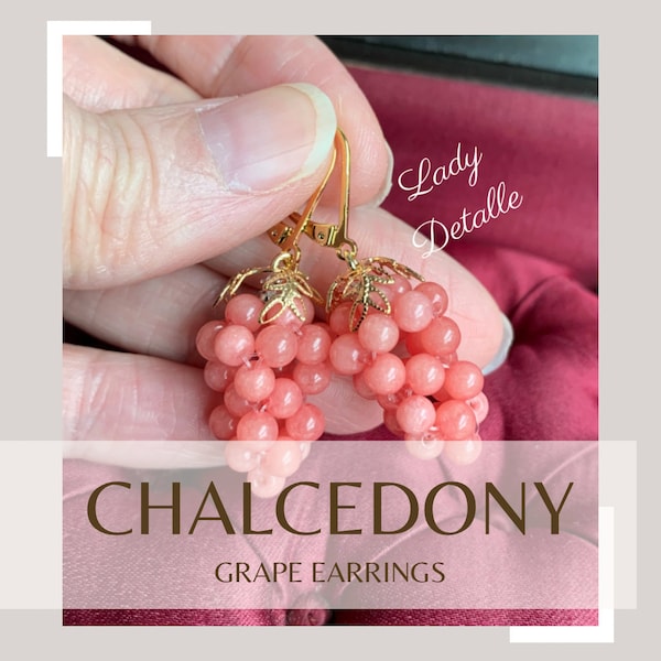 Dark Pink GRAPE Earrings by Lady Detalle, 16k gold or Silver Reproduction Victorian Pink Chalcedony stone Grape earrings, handmade jewelry