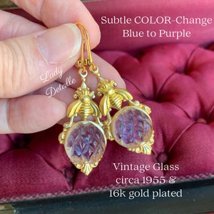 Alexandrite BEE Earrings, 16k gold handmade JOSEPHINE Regency design historic Reproduction color changing Purple Blue vintage 1950s glass