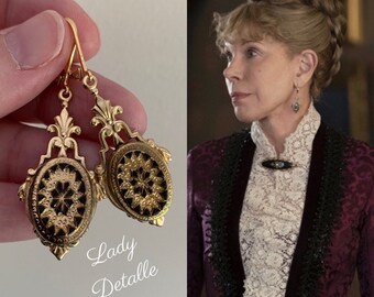As Seen in "The Gilded Age", Victorian GOLD Intaglio Earrings by Lady Detalle, 16k gold late 19th reproduction gold black intaglio earrings