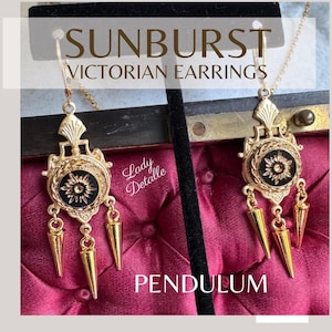 Pendientes de péndulo victorianos de lujo de la década de 1870, con detalle de dama Sunburst Intaglio, reproducción histórica etrusca victoriana de finales del siglo XIX en oro de 16 k.