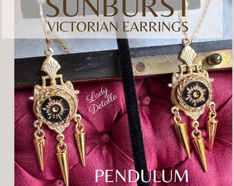 Fancy Victorian PENDULUM 1870s Earrings, Lady Detalle Sunburst Intaglio 16k gold late 19th Victorian Etruscan historic reproduction earrings