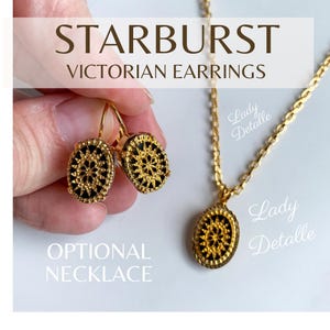 Mid VICTORIAN Gold Black Earrings, Historic QUILT Sunburst Design Glass EARRINGS, 16k Gold Silver, glass cabochons oval Victorian earrings Add Necklace