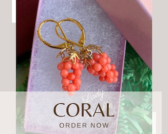 Tiny PINK Coral GRAPE Earrings, Victorian Reproduction 19th century Pink Coral grape 16k Gold or Silver plated earrings, Regency Coral