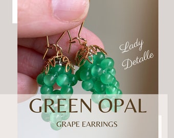 Green OPAL GRAPE Earrings, VICTORIAN Reproduction Emerald Green opal Grape earrings, 16K gold or Silver, real Green opal stone earrings