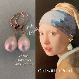 925 Vermeil meisje met een parel oorbellen, PAAR grote echte Teardrop Pearl Gold Sterling Premium oorbellen, historisch geïnspireerd door schilderij Vermeer
