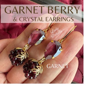 RASPBERRY GARNET Pear Earrings, Reproduction Victorian real Garnet Berry cluster crystal pear, gold silver, summer wedding, Lady Detalle