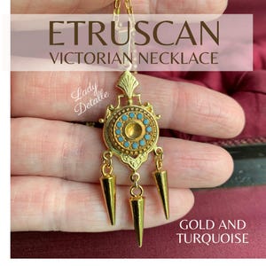 Collar etrusco victoriano de oro de lujo, intaglios de turquesa en oro de 16 k, reproducción histórica de finales del siglo XIX, péndulo de oro victoriano tardío