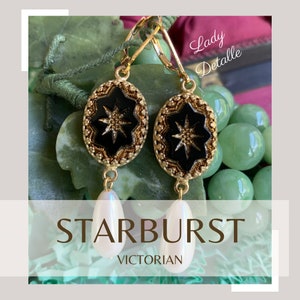 Gold and black INTAGLIO, Pearl EARRINGS, 16k gold plated loops, OVAL Jet Black and Gold Starburst Intaglios reproduction Victorian earrings