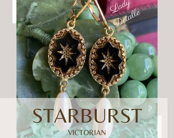 Gold and black INTAGLIO, Pearl EARRINGS, 16k gold plated loops, OVAL Jet Black and Gold Starburst Intaglios reproduction Victorian earrings