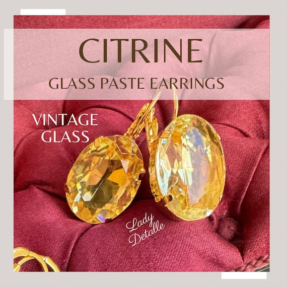 Light Citrine YELLOW Earrings, Large Oval Glass Stones 16k Gold