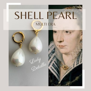 Catherine de Medici Small SHELL Pearl HOOP Earrings, small 16k Gold Hoop 16th century Caterina de Medici Silent Queen Historic Repro Jewelry