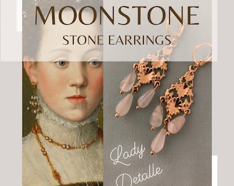 Real MOONSTONE Chandelier early Victorian 16k gold earrings, reproduction 19th century chandelier small teardrop real Moon stone EARRINGS