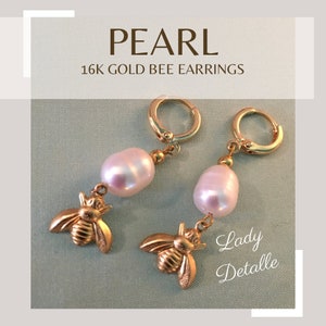 BEE PEARL Regency Earrings, 16k Gold or Silver plated brass, Reproduction early 19th century Regency, gold pearl and bee earrings, New