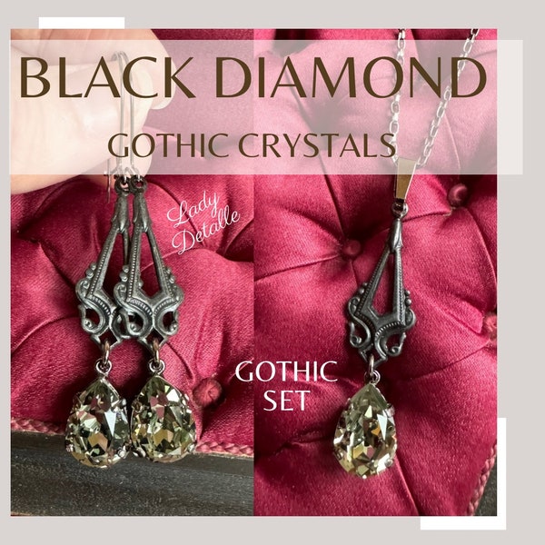 Black Diamond Pear Edwardian Earrings in Black Diamond color crystal stones on black gunmetal lever backs Long chandelier Edwardian earrings