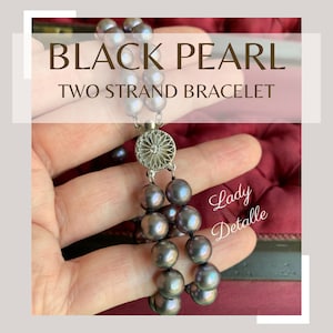 Black Pearl Double Strand Bracelet, REAL Pearls FRESHWATER two strand pearl bracelet, black gray pearls with silver clasp, historic repro