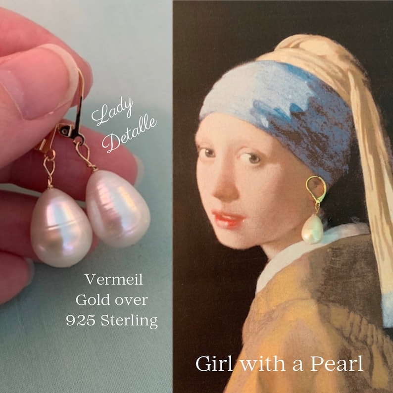 925 Vermeil Girl With a PEARL Earrings, PAIR Large real Teardrop Pearl Gold Sterling Premium earrings, Historic Inspired by Vermeer Painting image 2