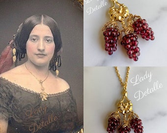 Garnet GRAPE Chandelier Necklace by Lady Detalle, Reproduction Victorian real Garnet Grapes 16k gold Necklace Jewelry gift wine wedding