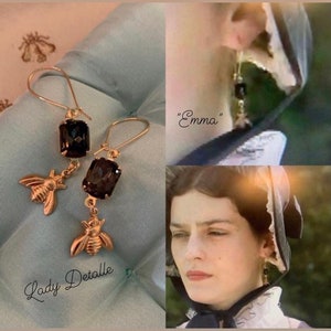 As Seen In Emma BEE Mourning Earrings by Lady Detalle, Vintage black glass, Reproduction historic Jane Austen Regency, gold bee earrings image 1