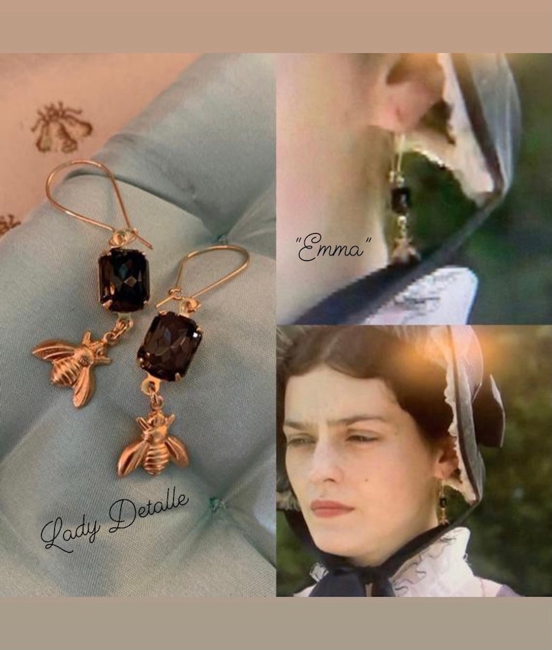 As Seen In Emma BEE Mourning Earrings by Lady Detalle, Vintage black glass, Reproduction historic Jane Austen Regency, gold bee earrings image 1