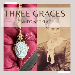 Victorian THREE GRACES Necklace, 16k gold plated late 19th reproduction Victorian Blue and White Three Muses Graces Cameo Pendant Necklace