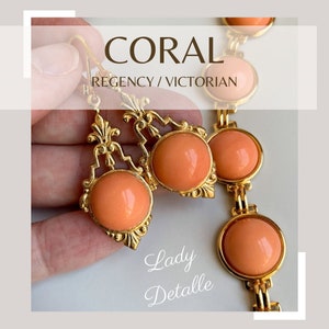 Real Pink CORAL Bracelet, 16k Gold Historic Repro Jane Austen Regency jewelry, real salmon pink Coral round bracelet, optional earrings