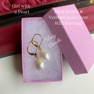 925 Vermeil Girl With a PEARL Earrings, PAIR Large real Teardrop Pearl Gold Sterling Premium earrings, Historic Inspired by Vermeer Painting image 7