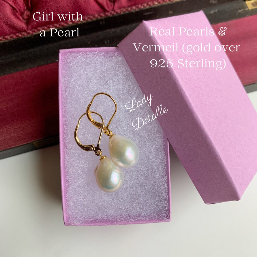 925 Vermeil Girl With a PEARL Earrings, PAIR Large Real Teardrop Pearl Gold  Sterling Premium Earrings, Historic Inspired by Vermeer Painting - Etsy