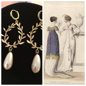 16K Gold WREATH Pearl Earrings, Vintage faux Pearls, Gold plated brass, early 19th century REGENCY era 16K gold plated brass wreath earrings