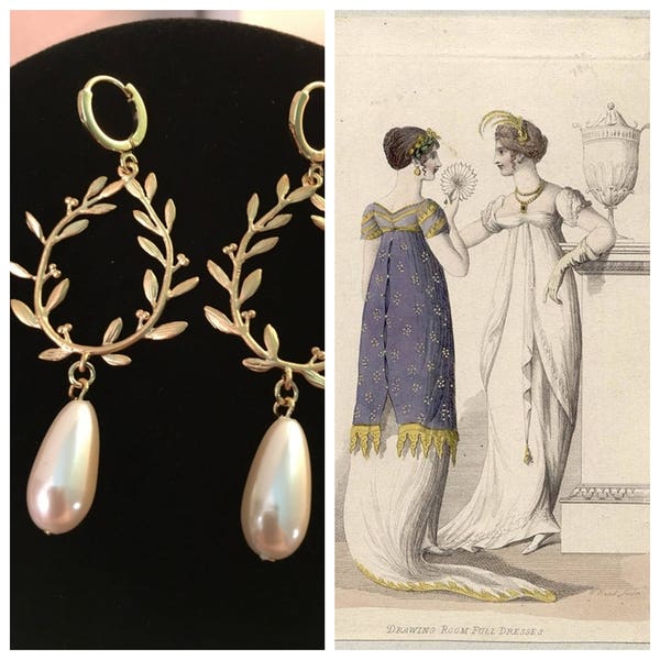 Boucles d'oreilles couronne en or 16 carats, fausses perles vintage, laiton plaqué or, boucles d'oreilles couronne en laiton plaqué or 16 carats, époque REGENCY du début du XIXe siècle