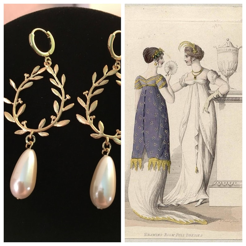 May include: Gold earrings with a leaf design and a pearl drop. The earrings are shown against a black background. The image also shows a vintage illustration of two women in 19th-century dresses.