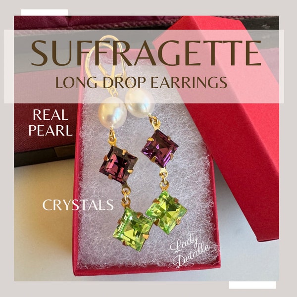LONG Suffragette Earrings, 16k gold plated, Historic Reproduction Jewelry, Amethyst Peridot Crystal stones VOTES for Women Earrings
