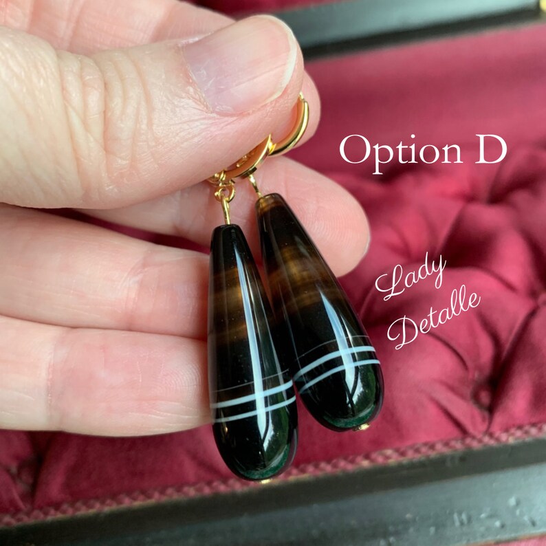 Banded Agate VICTORIAN Teardrop Earrings, 16k gold or silver historic Reproduction Stunning Long Black agate stone teardrop scottish jewelry image 6