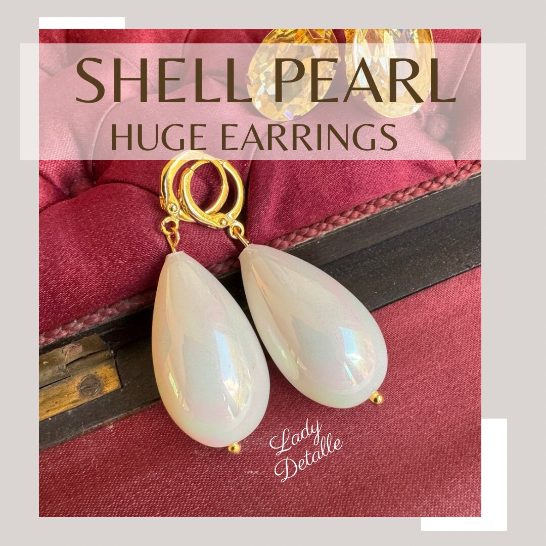 HUGE Cream PEARL Earrings Large SHELL Pearl Teardrops 16k Gold
