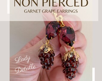 NON PIERCED Pear GARNET Grapes, vintage Amethyst Glass Stones, 16k Gold plated Earrings, Reproduction Historic real Garnet grape earrings