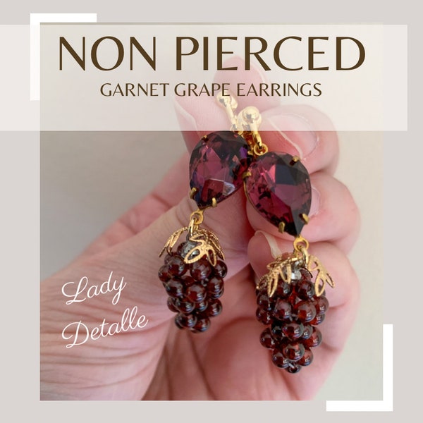 NON PIERCED Pear GARNET Grapes, vintage Amethyst Glass Stones, 16k Gold plated Earrings, Reproduction Historic real Garnet grape earrings