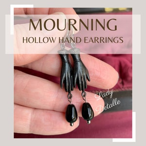 Black Victorian HAND Earrings, 16k gold plated brass loops, Victorian MOURNING, Long Black Hands, reproduction Victorian mourning Gothic