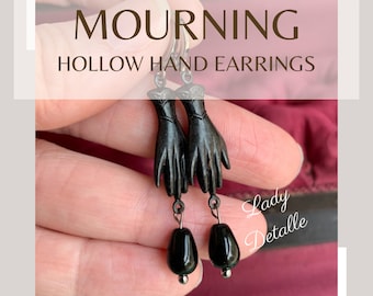 Black Victorian HAND Earrings, 16k gold plated brass loops, Victorian MOURNING, Long Black Hands, reproduction Victorian mourning Gothic