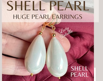 HUGE Cream PEARL Earrings, Large SHELL Pearl Teardrops, 16k gold plated brass loops, Large oversized lovely Heavy Cream Shell Pearl earrings