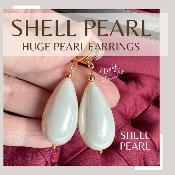 HUGE Cream PEARL Earrings, Large SHELL Pearl Teardrops, 16k gold plated brass loops, Large oversized lovely Heavy Cream Shell Pearl earrings