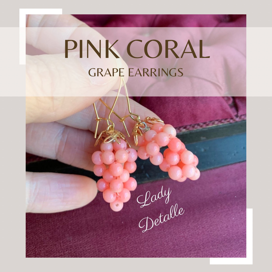 Pink Coral Grape Earrings, Victorian Reproduction mid 19th century Pink…