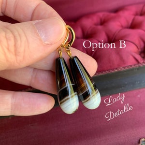 Banded Agate VICTORIAN Teardrop Earrings, 16k gold or silver historic Reproduction Stunning Long Black agate stone teardrop scottish jewelry image 4